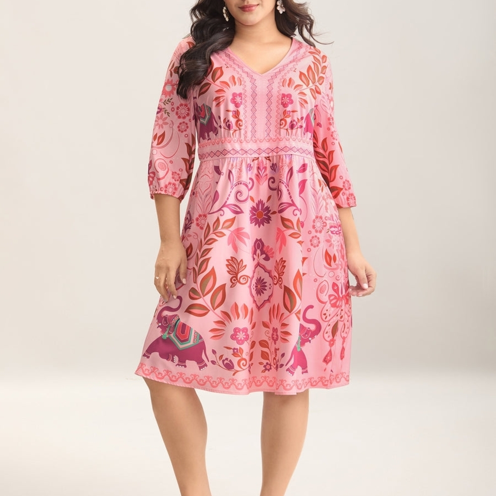 BloomChic Boho Print V-Neck Pockets Midi Dress